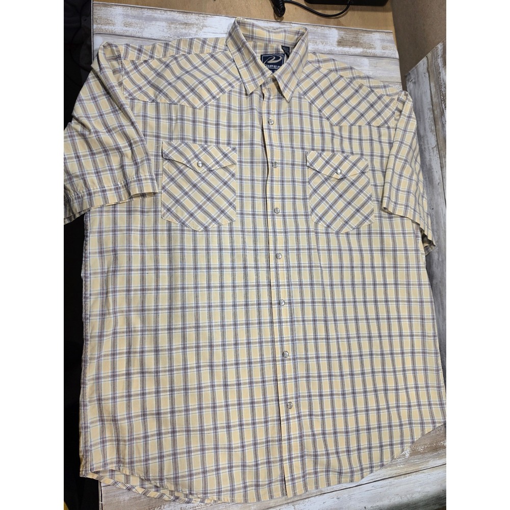 Roper Mens XL Yellow Plaid Short Sleeve Pearl Snap Western Shirt Cotton